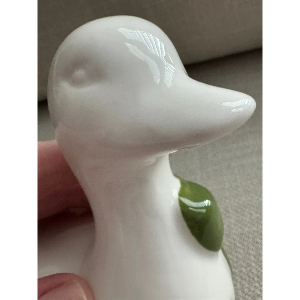 Ceramic Duck Figurine White Green Floral Embossed Cottagecore Decor 6 inch